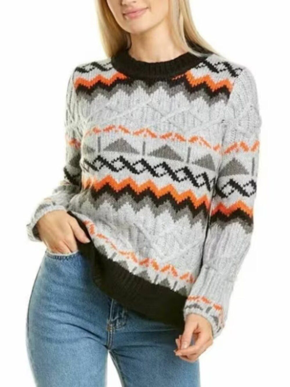 Magaschoni Women's M Gray Orange Fair Isle Cable Knit Sweater Après Ski Retro